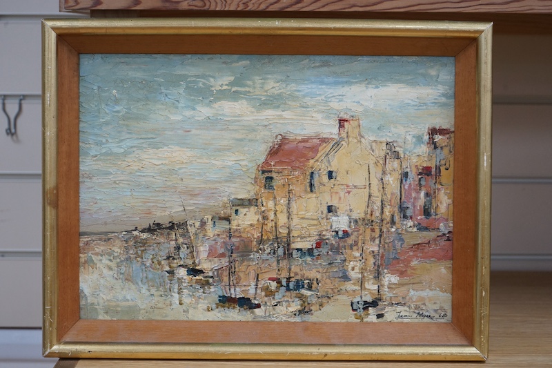 Impasto oil on board, Continental harbour scene with moored boats, indistinctly signed and dated '68, 25 x 35cm. Condition - fair